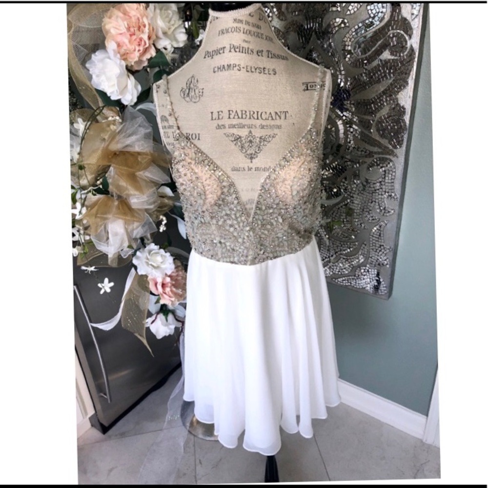New Jovani White Sequin Bodice Short Dress